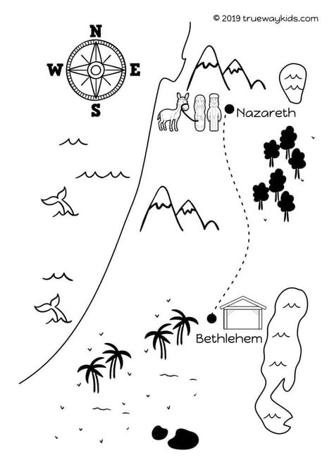 Nazareth to Bethlehem Map coloring page for kids. Help them to learn about the journey that Mary and Joseph had to make before Jesus was born. Joseph And Mary Travel To Bethlehem, Mary And Joseph Travel To Bethlehem Craft, Nativity Worksheets Free Printable, Mary And Joseph Travel To Bethlehem, Trueway Kids, Nativity Coloring Pages, Christmas Sunday School, Journey To Bethlehem, Christmas Lesson