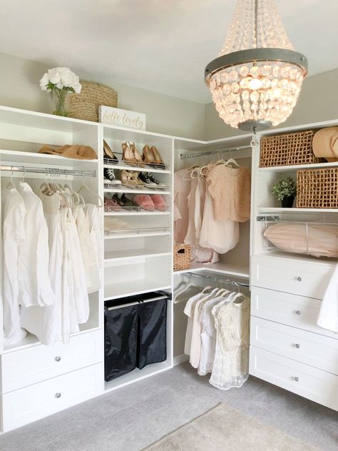 A pretty closet was created in an awkward tiny bedroom - Hello Lovely Studio. Small Walk In Closet Design, Cloffice Ideas, Diy Walk In Closet, Small Walk In Closet, Corner Closet, Modular Closets, Closet Hacks, Dream Closet Design, Walk In Closet Design