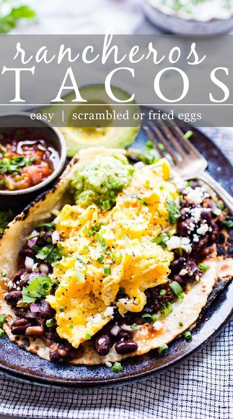 Rancheros tacos with black beans on a plate garnished with guacamole, cilantro and cojita cheese. Black Bean Egg Scramble, Vanlife Recipes, Rancheros Huevos, Black Beans And Eggs, Breakfast Tacos Vegetarian, Mexican Breakfast Tacos, Lite Dinners, Brunch Recipes Easy, Havana Cafe