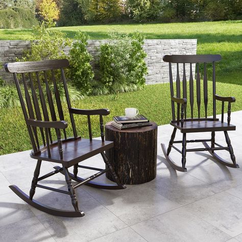 Imagine sitting on a rocking chair, drinking tea and enjoying the flowers in the garden. Our patio rocking chair will help you enjoy leisure time! Made of natural rubber wood, this rocking chair is corrosion-resistant and durable for long-term use. And the rocker is designed with contoured slatted high back and curved armrest, which will give you comfortable sitting feeling to relieve fatigue. What's more, the grooved seat fits your hips perfectly for ex tra comfort. With chic and elegant style, this rocking chair is ideal for both indoor and outdoor, such as living room, balcony, terrace, backyard and more. Features Crafted of solid rubber wood to ensure sturdiness and durability Contoured slatted back to promote the heat dissipation Curved armrest and high backrest to provide optimal sit Terrace Backyard, Rocking Chair Porch, Porch Rocker, Wood Rocking Chair, Cozy Seats, Balcony Terrace, Patio Rocking Chairs, Rocker Chairs, Room Balcony