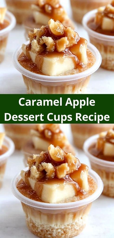 Looking for a quick and delicious dessert? Our Caramel Apple Dessert Cups are simple to prepare, combining rich flavors and textures. Perfect for any occasion, they are sure to impress everyone at your table. Caramel Apple Cups, Caramel Apple Dessert Cups, Apple Crisp Cups, Caramel Desserts Easy, Easy Mini Desserts Recipes, Caramel Apple Dessert, Quick Apple Dessert, Caramel Apple Desserts, Dessert Cups Recipes