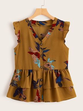 V-neck Button Front Layer Ruffle Peplum Blouse [swblouse00190523263] - $26.00 : dailytowear.com Ready Made Blouse, Projek Menjahit, Frock Fashion, Layered Blouse, Fashion Tops Blouse, Peplum Blouse, Dresses Kids Girl, Trend Fashion, Print Blouse