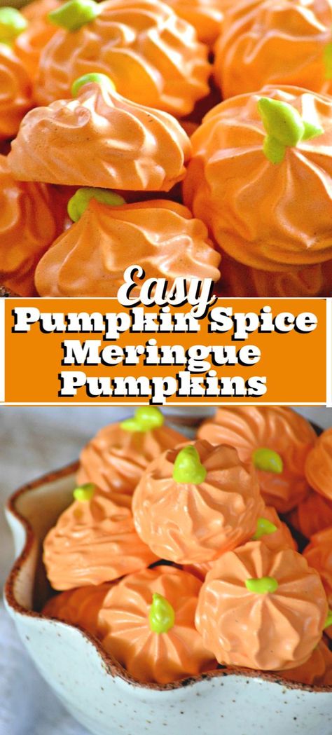 Oct 4, 2019 - These Pumpkin Spice Meringue Pumpkins are a tasty and cute Fall treat. They’ll be the perfect addition to any Halloween or Thanksgiving dessert tables! Pumpkin Spice Meringues, Pumpkin Spice Meringue Cookies, Halloween Meringue Ideas, Baked Meringue Recipe, Light Airy Dessert, Halloween Deserts Cookies, Meringue Cookie Flavors, Meringue Cookies Halloween, Pumpkin Meringue Cookies