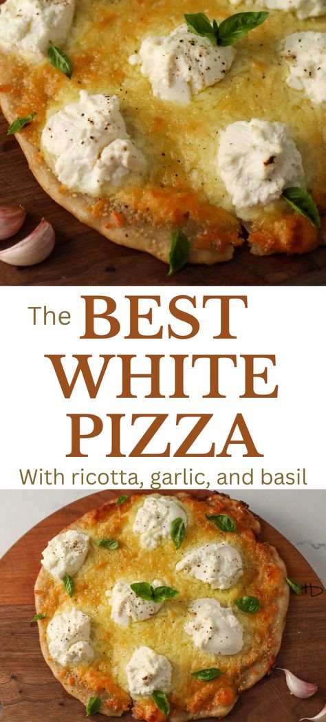 Easy pizza recipe with ricotta cheese, basil, homemade white pizza sauce, parmesean cheese, mozzarella and a delicious pizza crust. Easy weeknight dinner recipe | Tomato free pizza recipe| White Pizza Recipe | Vegetarian pizza Tomato Free Pizza, Ricotta Cheese Pizza, Pizza Crust Easy, Homemade White Pizza, Recipe With Ricotta Cheese, Pizza Bianca Recipe, White Sauce Pizza Recipe, White Pizza Recipe, Pizza With Mozzarella