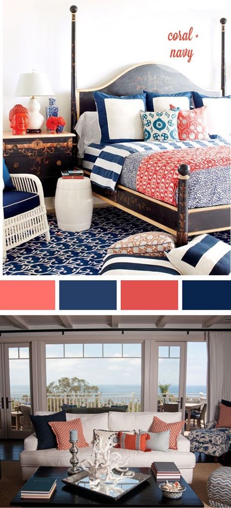 navy and coral palette  This is for you @Kristin Harker Coral Palette, Coral Bedroom, Navy Bedrooms, Navy And Coral, Sofa Beige, Design Apartment, Beach Condo, Bedroom Colors, My New Room