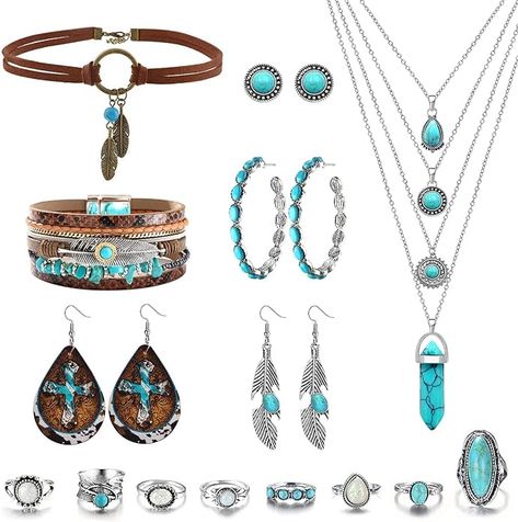 Amazon.com: MJartoria Native American Bohemian Feather Charm Handmade PU Leather Choker Necklace Set Turquoise: Clothing, Shoes & Jewelry Turquoise Jewelry Set, Leather Choker Necklace, Turquoise Jewelry Native American, Black Choker Necklace, Xmas List, Bohemian Handmade, Ring Turquoise, Gothic Necklace, Choker Necklace Set