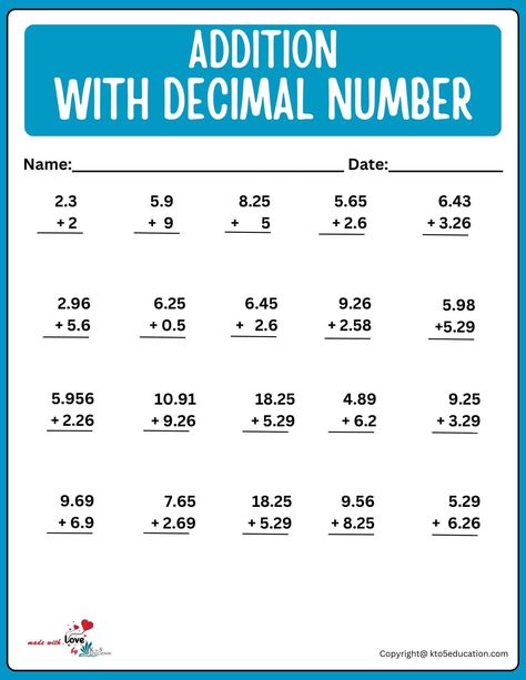 Multiple Addition With Decimal Number Worksheet | FREE Decimal Practice, Math Worksheets For Kids, Abc Order Worksheet, Adding Decimals, Number Worksheet, Integers Worksheet, Decimals Worksheets, Math Practice Worksheets, Math Addition Worksheets