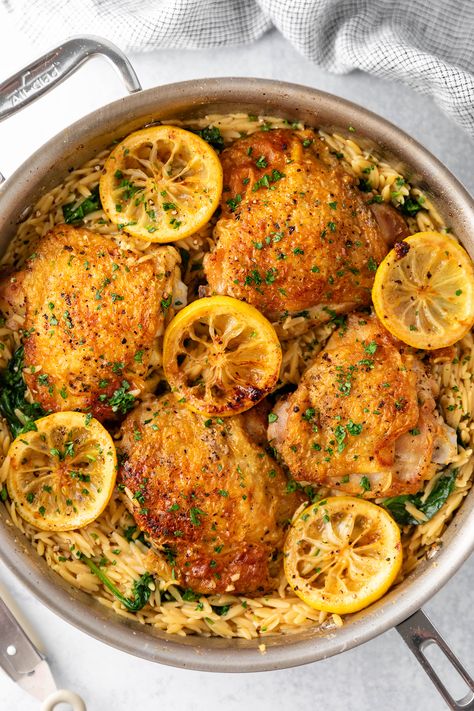 Chicken Thighs With Orzo, Orzo Salad Dressing, Cold Orzo Salad, Orzo Salad Recipes Cold, Orzo Salad With Chicken, Chicken Orzo Salad, Lemon Garlic Chicken Thighs, Lemon Orzo Salad, Healthy Chicken Thigh Recipes