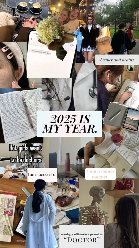 #2025 #consistency #medschool #doctor #medicine #visionboard #aesthetic #skincare #manifest #ideas #wallpaper #goallist #success vision board aesthetic girlhood doctor medicine med school shopping clueless ipad air coffee dates workout 2025 is my year studying #shuffles Vision Board Ideas Academic Success, Vision Board Manifestation For Students, Doctor Aesthetic Pictures, Vision Board Photos Doctor, Doctor Ipad Wallpaper, Studies Vision Board Aesthetic, Doctor Aesthetic Vision Board, Medicine Asthetic Picture, Vision Board Manifestation Doctor