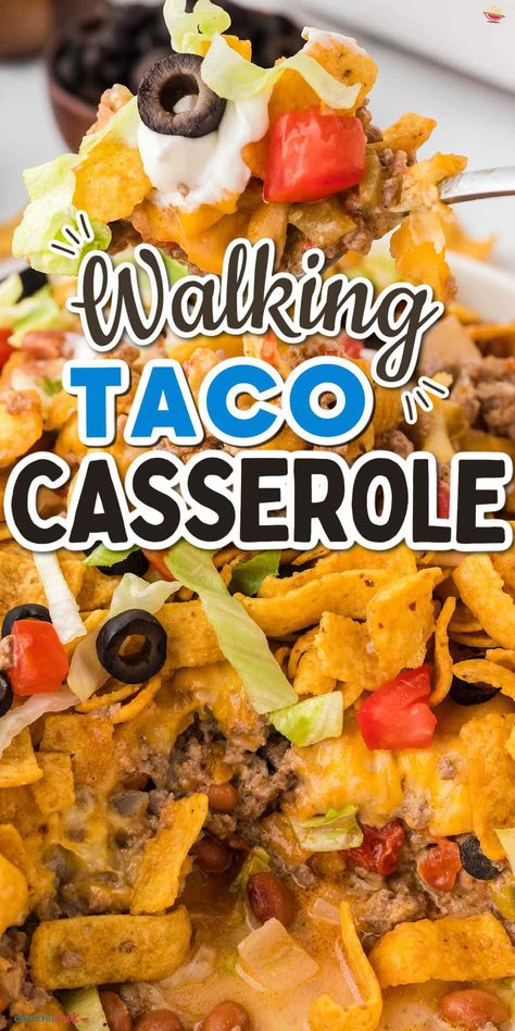 This Taco Casserole With Corn Chips is an easy and fun dinner idea! Packed with ground beef, beans, and Fritos, it's perfect for busy nights. #CheerfulCook #Fritos #BestWalkingTacoCasserole #BeefCasseroleRecipes #TacoCasseroleBakeWithFritos #MexicanTacoCasseroleBeef ♡ cheerfulcook.com Hot Dishes Casserole, Authentic Mexican Pozole Recipe, Casserole With Corn, Beef And Noodles Crockpot, Frito Recipe, Walking Taco Casserole, Frito Pie Recipe, Crockpot Chicken Enchiladas, Walking Taco