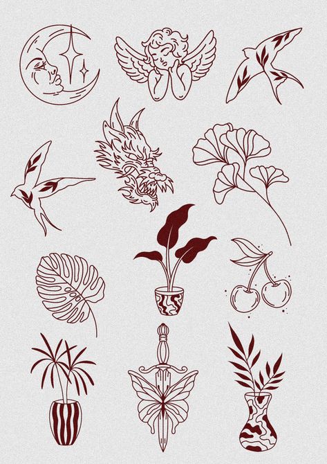 Plant Flash Tattoo, Nature Flash Sheet, Small Botanical Tattoo, Brenda Tattoo, 90s Flash Tattoo, Orange Blossom Tattoo, Flower Tattoo Flash, Flash Tattoo Sleeve, Traditional Japanese Tattoo Flash