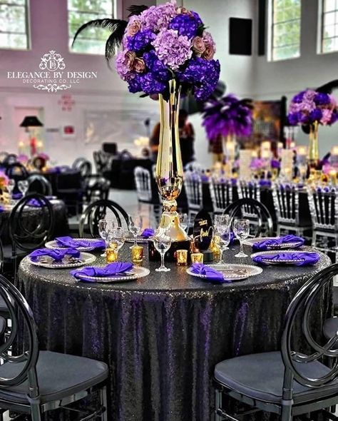 Purple Black And Gold Table Decorations, Black And Purple 30th Birthday, Purple Masquerade Party Decorations, Purple Black Champagne Wedding, Black And Purple Wedding Table Setting, Black Silver Purple Table Decor, Purple Black And Gold Quince, Royal Purple Party Theme, Party Focal Point