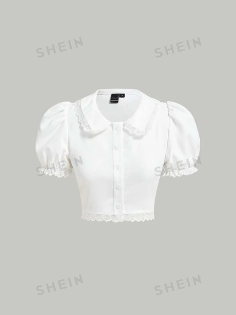 SHEIN MOD Lace Trim Puff Sleeve Crop Blouse | SHEIN USA School Blouse, Sunday Dress, Women Blouses, Crop Blouse, Lace Trim, Puff Sleeve, Designer Dresses, Blouses For Women, Blouses