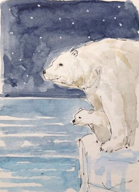 Easy Polar Bear Painting, Nature Drawing Ideas, Polar Bear Watercolor, Watercolor Studies, Polar Bear Paint, Polar Bear Drawing, Snow Buddies, Winter Art Lesson, Bear Watercolor