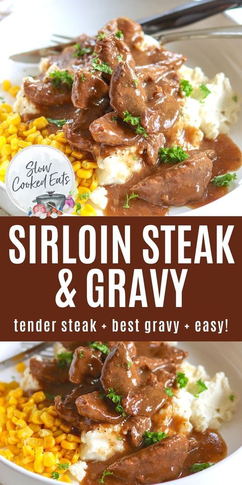 If you're looking for an easy, delicious beef recipe for dinner, you can't go wrong with Crock Pot Sirloin Steak with Gravy. This comfort food favorite is made with just five simple ingredients and is ready in no time. Plus, it cooks low and slow in a crock pot for a perfect, tender and juicy steak! The perfect busy weeknight dinner idea!