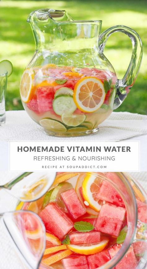 So refreshing, homemade vitamin water is healthy and hydrating — no more boring bottled water! Icy-cold fruit infused water is perfect for hot summer days, or post workout recovery, and is a beautiful option for your summer parties. Recipe at SoupAddict.com Infusing Water, Herb Infused Water, Water Fruit, Sommer Mad, Fruit Infused Water Recipes, Flavored Water Recipes, Infused Water Recipes, Fruit Infused Water, Detox Water Recipes