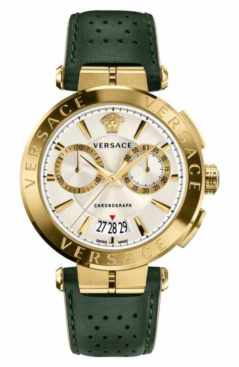 Versace Watches, Army Watches, Chrono Watches, Mens Chronograph, Versus Versace, Versace Watch, Chronograph Watch Men, Leather Strap Watch, Perforated Leather