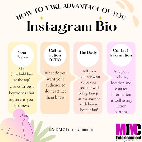 How to take advantage of your Instagram bio to benefit you the most! Instagram bios are a main component in creating traffic and engagement on your page. #MDMCEntertainment #InstagramBio Bios For Small Business, Social Media Bio Ideas, Instagram Page Ideas Aesthetic Bio, Influencer Bio Ideas, Bio For Content Creator, Mom Bio Ideas, Mom Instagram Bio, How To Create A Winning Instagram Bio, Content Creator Bio Instagram