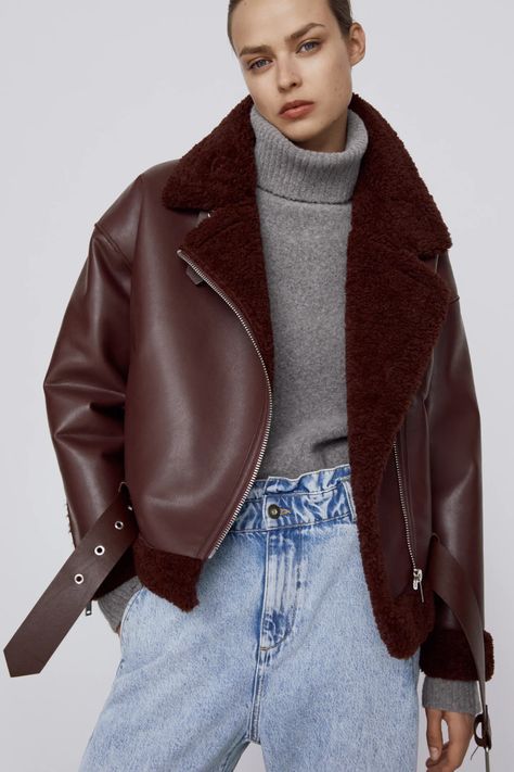 Jackets | Shackets-UP TO 40% OFF-WOMAN | ZARA Canada Double Faced Jacket, Cropped Biker Jacket, Burgundy Jacket, Fur Leather Jacket, Maroon Leather, Faux Leather Fabric, Women's Wear, Leather Biker Jacket, Biker Style