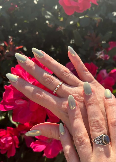 Sage Green Chrome French Tip Nails, Matcha Chrome Nails, Sage Chrome Nails, Green Chrome Almond Nails, Sage Green Chrome Nails, Light Green Chrome Nails, Working Nails, Chakra Nails, Almond Nails For Spring