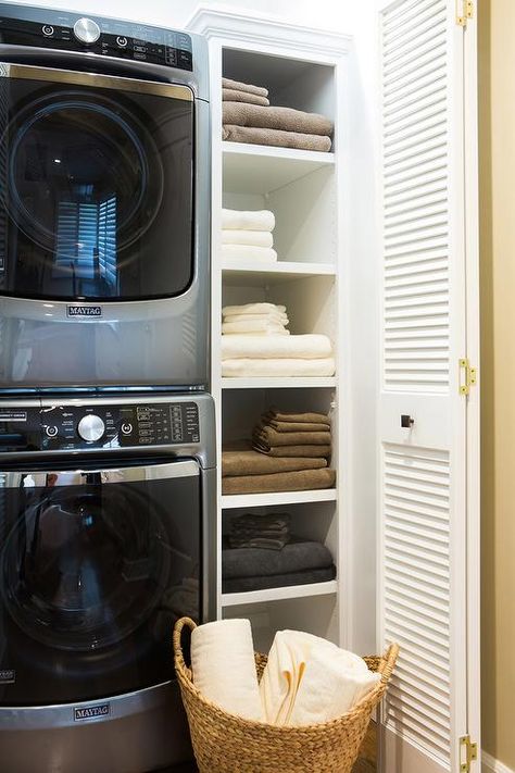 Laundry Room Stackable, Compact Laundry Room, Stackable Laundry, Transitional Laundry Room, Closet Room Organizer, Stacked Laundry Room, Laundry Room Storage Shelves, Small Laundry Room Organization, Compact Laundry