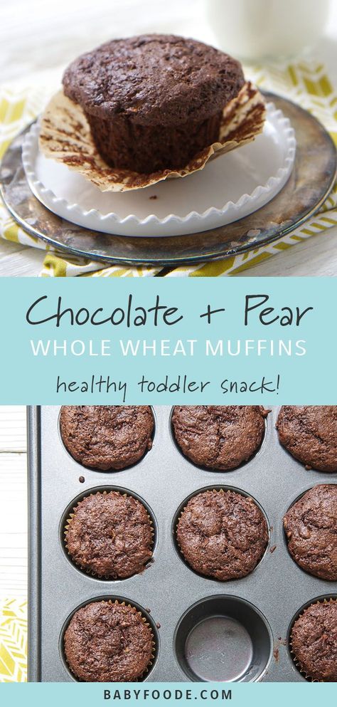 These chocolate and pear whole wheat muffins are amazing! They are so easy to make, and filled with healthy, whole food ingredients - you can't help but feel great feeding this to your toddler or big kid for breakfast, and afternoon treat, or an on the go snack. #healthybaking #muffins Wheat Muffins, Muffins Chocolate, Whole Wheat Muffins, Toddler Snack, Kid Recipes, Healthy Toddler Snacks, Toddler Recipes, Toddler Breakfast, Cheap Clean Eating