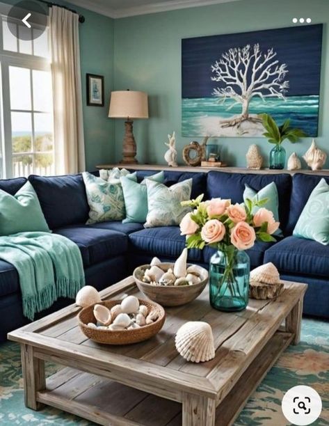 Coastal Decorating On A Budget🌴⚓️🌺 | Hey! Chic Coastal Decor, House Decor Inspiration, Blue Sectional, Coastal Farmhouse Decor, Modern Coastal Decor, Beach House Living Room, Beach House Interior Design, Soft Coral, Beach House Interior