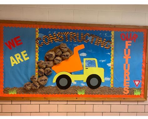 Construction Zone Bulletin Board Ideas, Car Theme Bulletin Board, Construction Door Theme, Construction Display Board, Under Construction Theme Classroom Bulletin Boards, Push And Pull Bulletin Board Ideas, Bulletin Board Edge Ideas, Building Our Future School Theme, Construction Zone Classroom