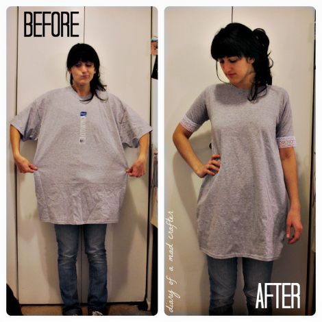 Easy T-Shirt remodel! Wear it with a belt and tight jeans, or as a dress! Tshirt Dress Diy, Diy Vetement, Shirt Diy, Shirt Refashion, Recycle Clothes, Diy Couture, Refashion Clothes, Diy Dress, Fashion Tips For Women