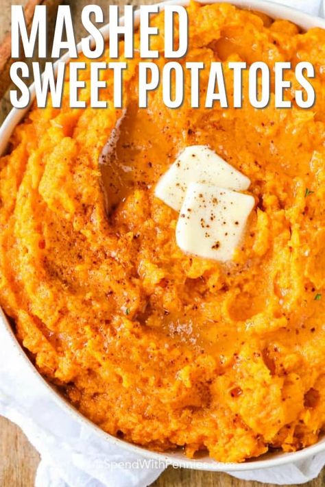 Mashed Sweet Potatoes are a delightful change to everyday mashed potatoes! Their creamy texture and sweet flavor make these mashed potatoes seem more like a dessert than a side dish! #spendwithpennies #sweetpotatoes #easyrecipe #easyside #mashedpotatoes Easy Mashed Sweet Potatoes, Sweet Potato Recipes Mashed, Recipes Potato, Spend With Pennies, Recipes Fall, Holiday Meal, Pinterest Party, Honey Butter, Mashed Sweet Potatoes