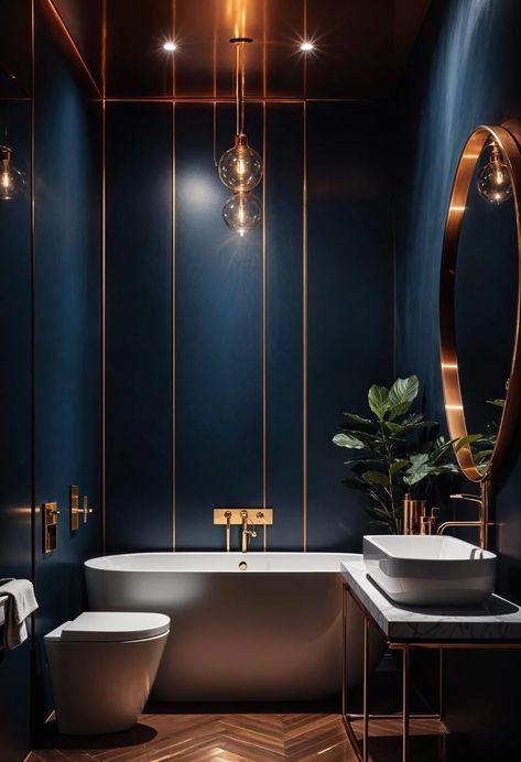 20 Aesthetic Bathroom Designs for Your Home Makeover 15 Half Bath Design Modern, Luxury Dark Bathroom Ideas, Bathroom Dark Blue, Earthy Coastal, Dark Blue Bathroom, Half Bath Design, Dark Bathroom Ideas, Dark Bathroom, Modern Fixtures