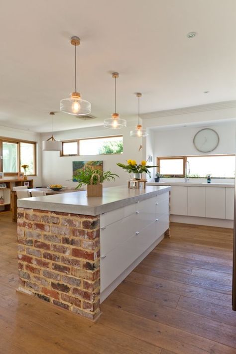 red brick kitchen island                                                                                                                                                                                 More Brick Kitchen Island, Red Brick Kitchen, Rustic Renovations, White Kitchen Accessories, Modern Kitchen Renovation, Brick Kitchen, Brick Walls, Mansions Homes, Trendy Kitchen