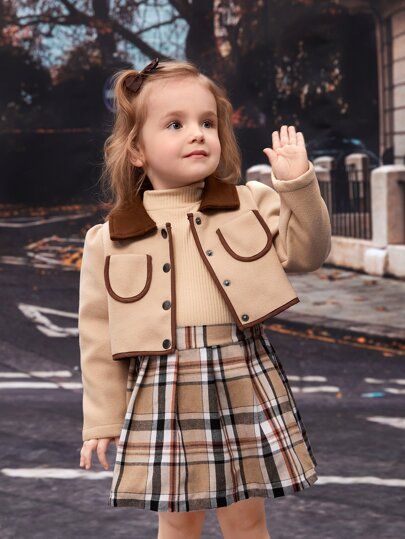 Kids Winter Outfits, Toddler Girl Outfit, Skirts For Kids, Kids Fashion Dress, Contrast Collar, Girls Clothing Sets, Sleeve Jacket, Kids Fashion Girl