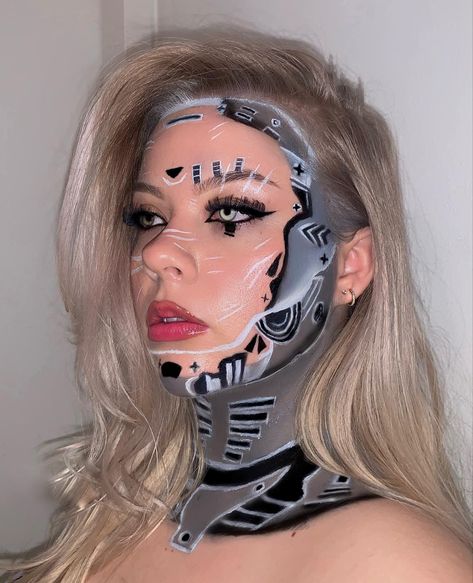 Robot make up/ robot make up look/ halloween make up/ halloween glam/ robot halloween/ halloween robot/ halloween robot make up look/ ai make up/ ai halloween/ halloween baddie/ halloween make up inspiration/ halloween inspo/ halloween aesthetic/ aesthetic make up/ editorial make up look Robot Costume Makeup, Robot Makeup Halloween, Robot Makeup Cyborgs, Robotic Makeup, Robot Makeup Look, Futuristic Makeup Sci Fi, Android Makeup, Halloween Baddie, Robot Makeup