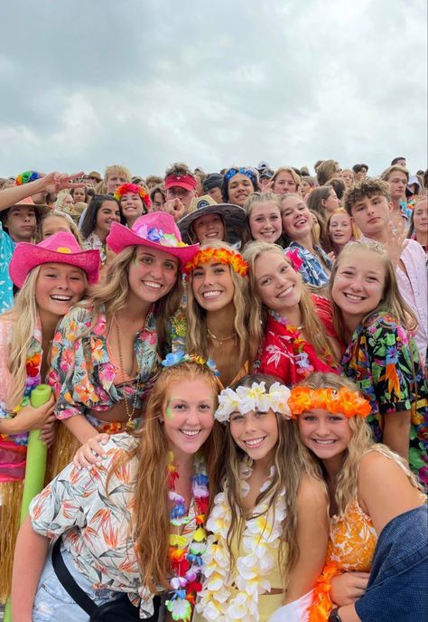 Tropical Outfits For School Spirit Week, Hawaiian Theme Spirit Week, Beach Theme Fnl Outfits, Hawaiin Party Ideas Outfits, Tropical Fnl Theme, Luau Day Spirit Week, Ocean Theme Spirit Week, Tropical Theme Spirit Week, Pool Party Student Section Theme