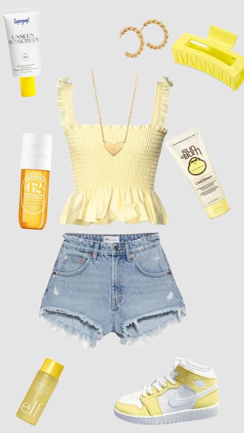 Yellow fit 💛💛💛 #preppy #outfitinspo #vibes #slayyyyyyyyyy #yellow #yellowaesthetic #fitinspo Yellow Fit Aesthetic, Preppy Outfits Yellow, Yellow Outfit Inspo Aesthetic, Yellow Preppy Outfit, Sunshine Girl Outfit, Tara Aesthetic, Yellow Summer Outfits, Preppy Fits For School, Cute Yellow Outfits