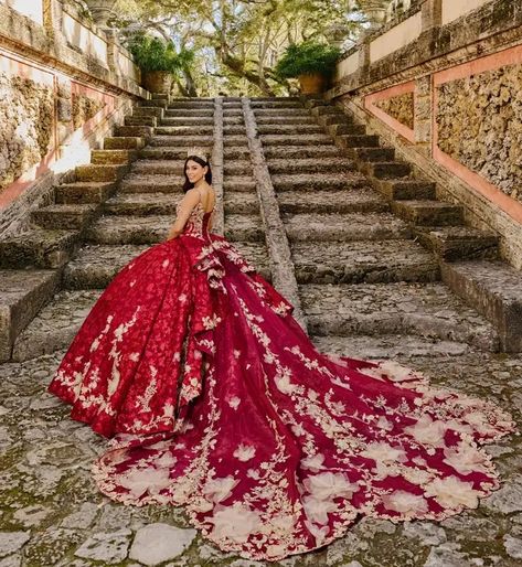 Quinceañera Dresses | Princesa by Ariana Vara Red And Gold 15 Dresses, Gold 15 Dresses, Masquerade Quinceanera, Pastel Prom Dress, Plus Prom Dresses, Quinceanera Dresses Red, Floral Ball Gown, Purple Quinceanera Dresses, Quinceanera Photoshoot