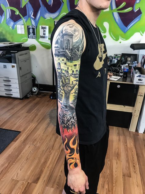 GraveYard Tattoo with Zombie hand and Flames Tat Full Color Sleeve Neo Tradition Neotraditional Leg Sleeve, Zombie Hand Tattoo, Graveyard Tattoos, Full Color Sleeve, Tattoo Flames, Background Tattoo Design, Graveyard Background, Apocalypse Tattoo, Zombie Tattoo