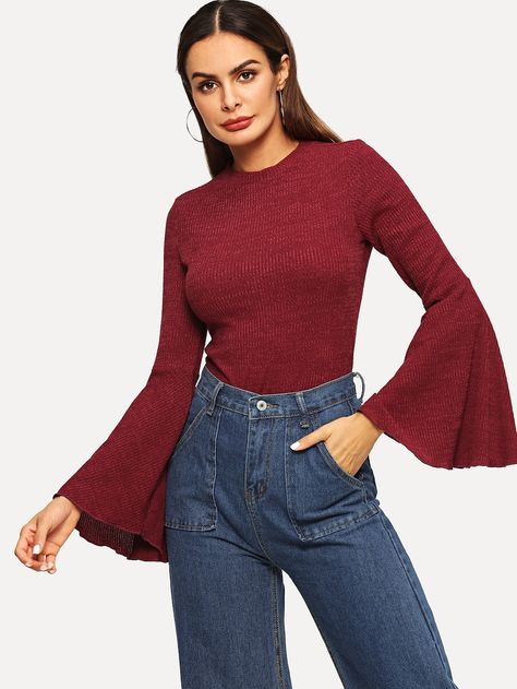 Lettuce Edge Trim Trumpet Sleeve Textured Top -SheIn(Sheinside) Sleeves Top Outfit, Trumpet Sleeve Top, Trumpet Sleeves, Top Shein, Trumpet Sleeve, Textured Top, Top Outfit, Sleeves Top, Flounce Sleeve