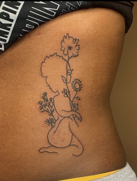 Virgo Tattoo Designs Black Women, Black Woman Outline Tattoo, Upper Arm Sleeve Tattoo Women Black, Flower Afro Tattoos, Nature Tattoos Black Women, Afro Tattoo Ink Black Women Outline, Silhouette Tattoos Woman Black, 30 Minute Tattoo Ideas, Black Women Inspired Tattoos