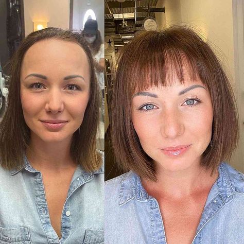 Short Hair With Bangs For Fine Hair, Bob With Bangs For Thinning Hair, Fringe Thinning Hair, Fine Bangstyle Hair, Fringe Bangs Thinning Hair, Fine Hair Bangs Short, Medium Length Haircut For Thinning Hair With Bangs, Bangs For Balding Hair, Short Hair With Bangs For Thinning Hair