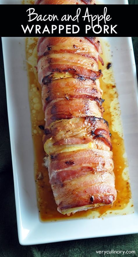 Apple Bacon Pork Tenderloin, Christmas Meal Ideas Main Dishes, Pork Fillet Recipes Tenderloin, Pork Fillet Recipes, Wrapped Pork Tenderloin, Sliced Apple, Bacon Wrapped Pork Tenderloin, Bacon Wrapped Pork, Apple Pork