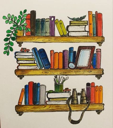 Bookcase Watercolor Painting, Bookshelves Art Drawing, Drawing Of Bookshelf, Bookshelf Painting Ideas Canvas, Book Painting Easy, Book Shelf Painting Canvas, Bookshelf Art Drawing, Painting Of A Bookshelf, Bookshelf Painting Art