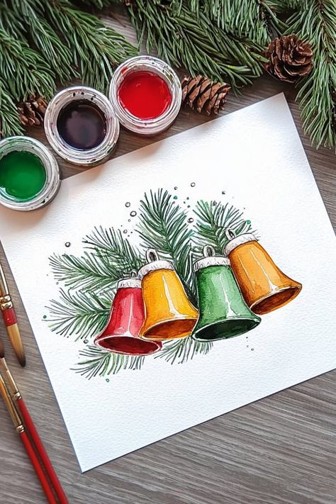 25 Watercolor Christmas Cards DIY Ideas to Brighten Your Holidays Christmas Card Sketch Ideas, Watercolor Christmas Bells, Bell Sketch, Xmas Watercolor, Fleece Sewing, Christmas Cards Diy, Winter Wonderland Card, Watercolor Christmas Cards Diy, Personalized Christmas Cards