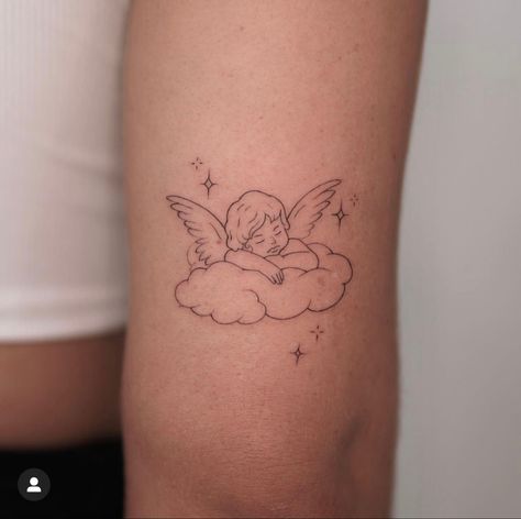 Line Art Tattoos Hands, Fineline Cherub Tattoo, Sweet Angel Tattoo, Earthy Feminine Tattoos, Angel And Stars Tattoo, Angel Tatoos Aesthetic, Fine Line Cherub Tattoo, Angel Line Tattoo, Cherub On Cloud Tattoo