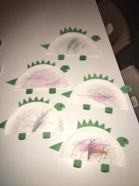 This week’s theme is dinosaurs. My toddlers enjoyed creating these with paper plates! Infant Dinosaur Activities, Dino Art For Toddlers, Dinosaurs Crafts For Toddlers, Green Toddler Activities, Dinosaur Infant Art, Dinosaur Toddler Art, Dinosaur Crafts For Infants, Infant Process Art, Animal Crafts For Infants