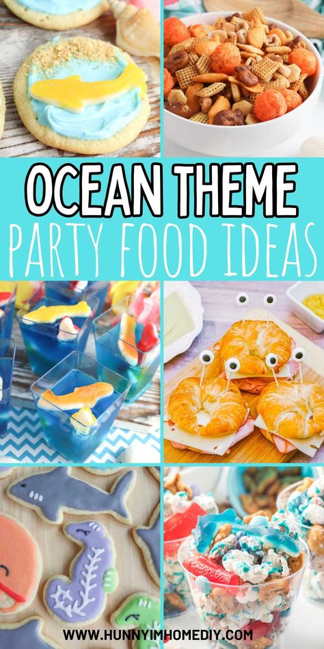 Put together an amazing under the sea birthday with these recipe ideas for cute ocean themed party food for kids. Ariel Birthday Party Food Snacks, Swimming Party Food Ideas, Sea Animal Food Ideas, Water Party Food Ideas, Healthy Ocean Themed Snacks, Water Theme Snacks, Fish Theme Snacks, Summer Party Snacks For Kids, Ocean Theme Bday Party