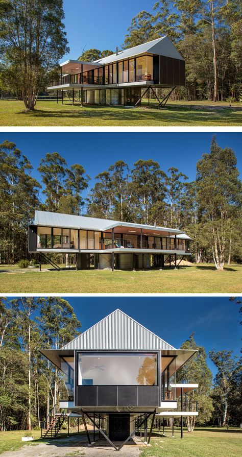 Robinson Architects have designed the Platypus Bend House, a home in Pomona, Australia, that has been raised off the ground to avoid the flooding that the area occasionally experiences. Flood House, Flood Proof House, Stilt Home, Thesis Proposal, Beam House, Stilt Houses, Flooded House, Cheap House, Contemporary Houses