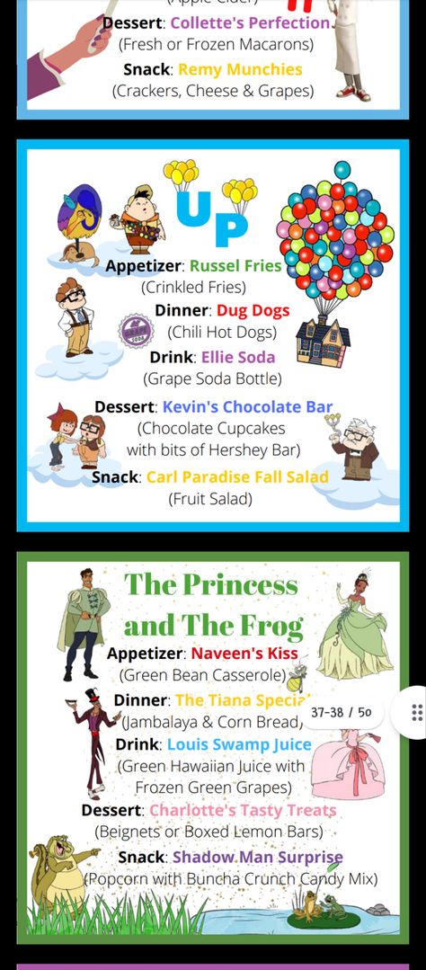 Disney Movie Night Theme Food, Dinner Based On Movies, Easy Disney Dinner Recipes, Movie Night Disney Theme, Up Dinner And A Movie, Themed Dinner Movie Night, Disney Movies And Dinner, Family Movie Dinner Ideas, Fork And Film Ideas