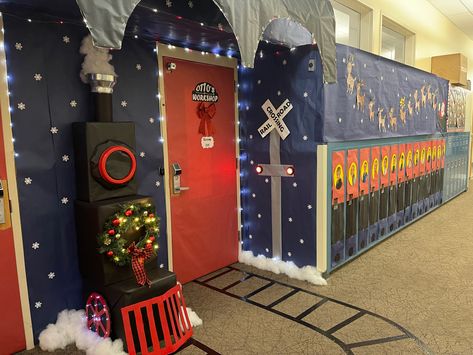 Polar Express Door Display, Locker Decorating Contest, The Polar Express Christmas Decorations, Polar Express Train Door Decorations, Christmas Decorations School Hallways Decorating Ideas, Train Door Decorations Classroom, Polar Express Outdoor Decorations, Door Decorations Classroom Christmas Polar Express, Polar Express Wall Decorations